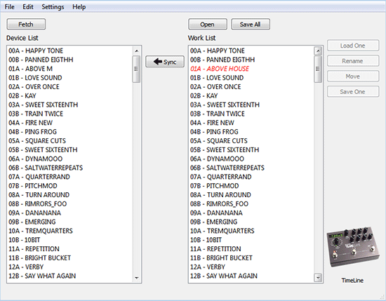 Preset Librarian software screen showingwork list selection and sync to devices