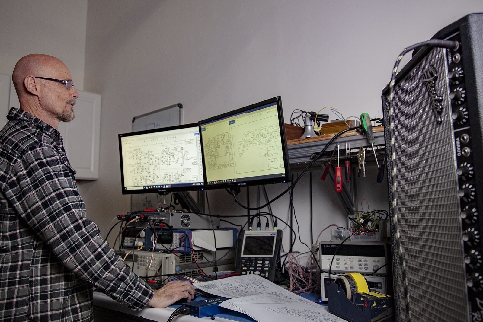 Sound Designer Pete Celi working on Iridium in the lab.