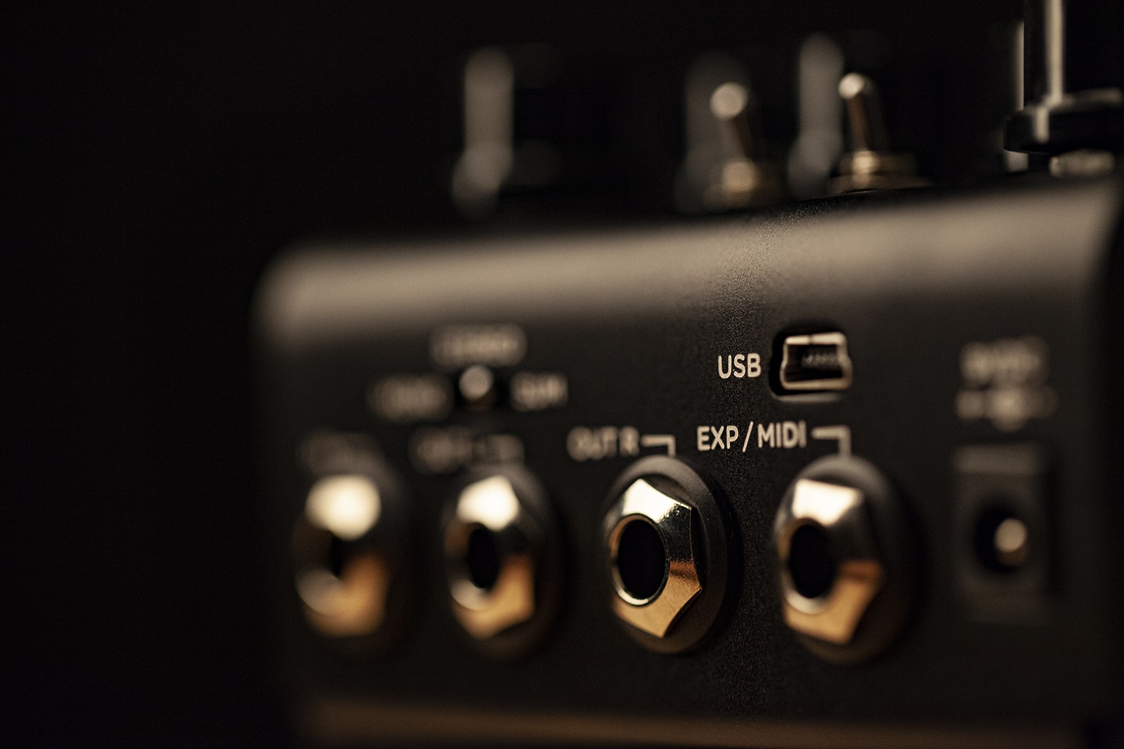 Close up shot of Strymon Iridium's EXP/MIDI jack and USB connection.