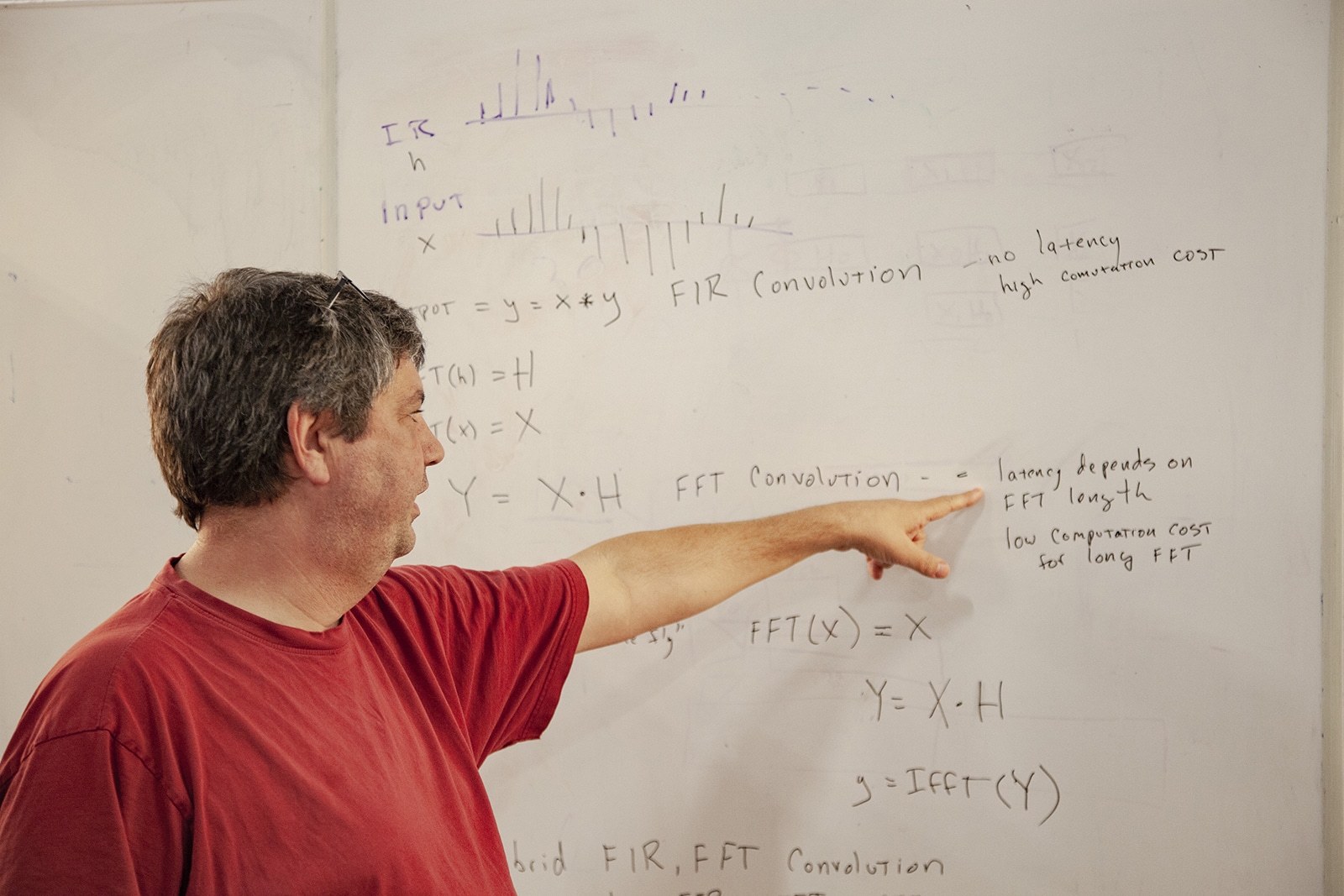 Analog Engineer Gregg Stock at a white board with diagrams.