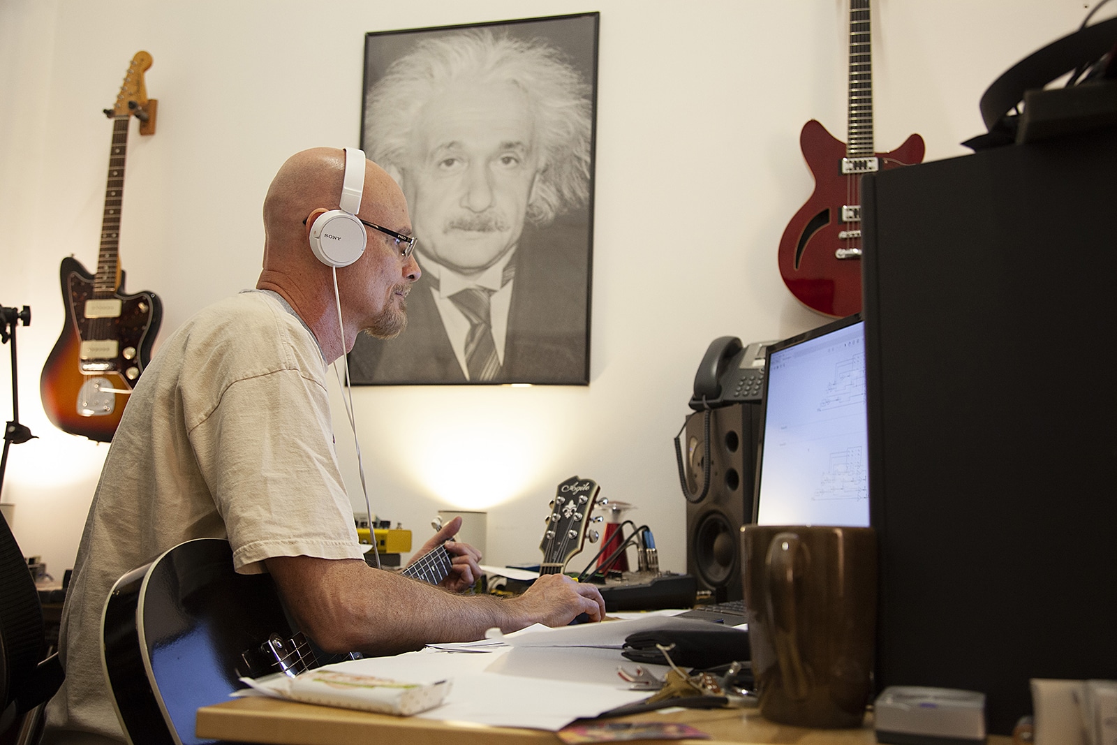 Sound Designer Pete Celi working on Iridium at his computer.