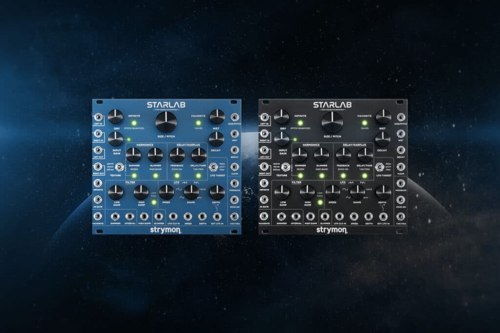 Strymon StarLab Eurorack Module shown in blue and black panel finishes.