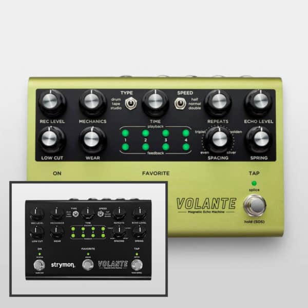 Strymon Volante in regular finish with Strymon Volante in all black Midnight edition finish also displayed in the corner