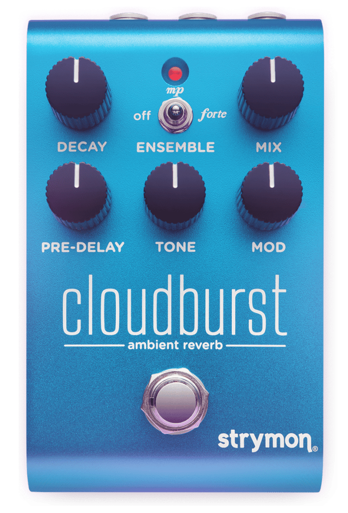 Strymon Cloudburst Ambient reverb pedal. Pedal is sky blue with white text, one switch, and 5 black knobs.