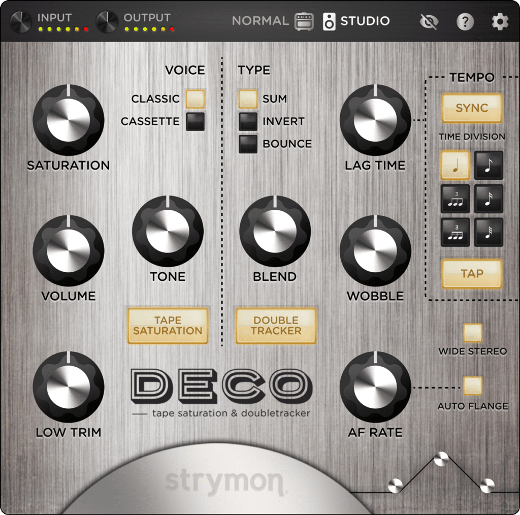 Strymon Deco Plugin UI. Features knobs to control Saturation, Volume, Tone, Low Trim, Blend, Wobble, Auto-Flange Rate, Lag Time, as well as other controls.