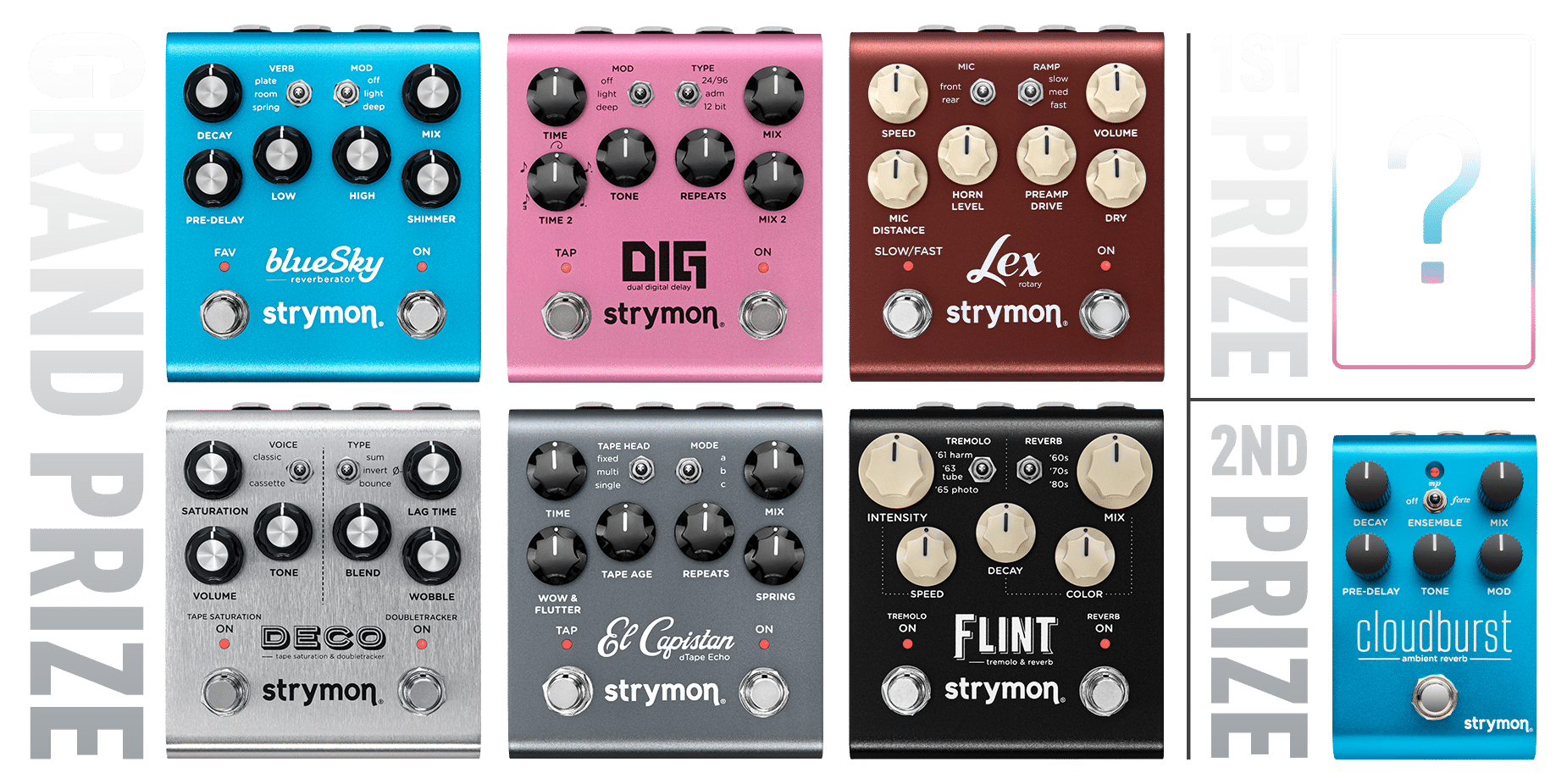 Strymon 2023 Contest Giveaway graphic. Shows the grand prize (blueSky, DIG, Lex, Deco, El Capistan, Flint) 1st prize (winner's choice of any Strymon pedal) and 2nd prize (Cloudburst)