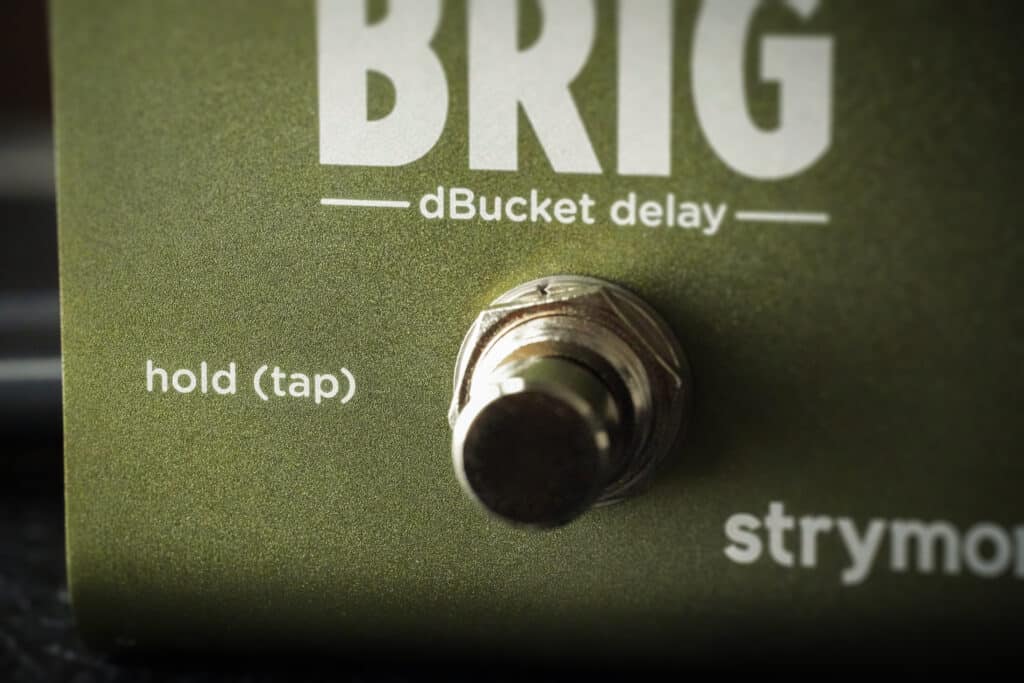 Closeup of Brig's footswitch, which can be used for tap tempo as well as bypass.