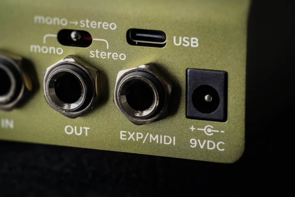 Closeup of Brig's EXP/MIDI and USB-C jack.