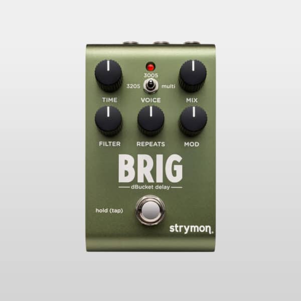 Brig dBucket Delay on gray gradient background. Pedal is green with 6 black knobs and one footswitch.