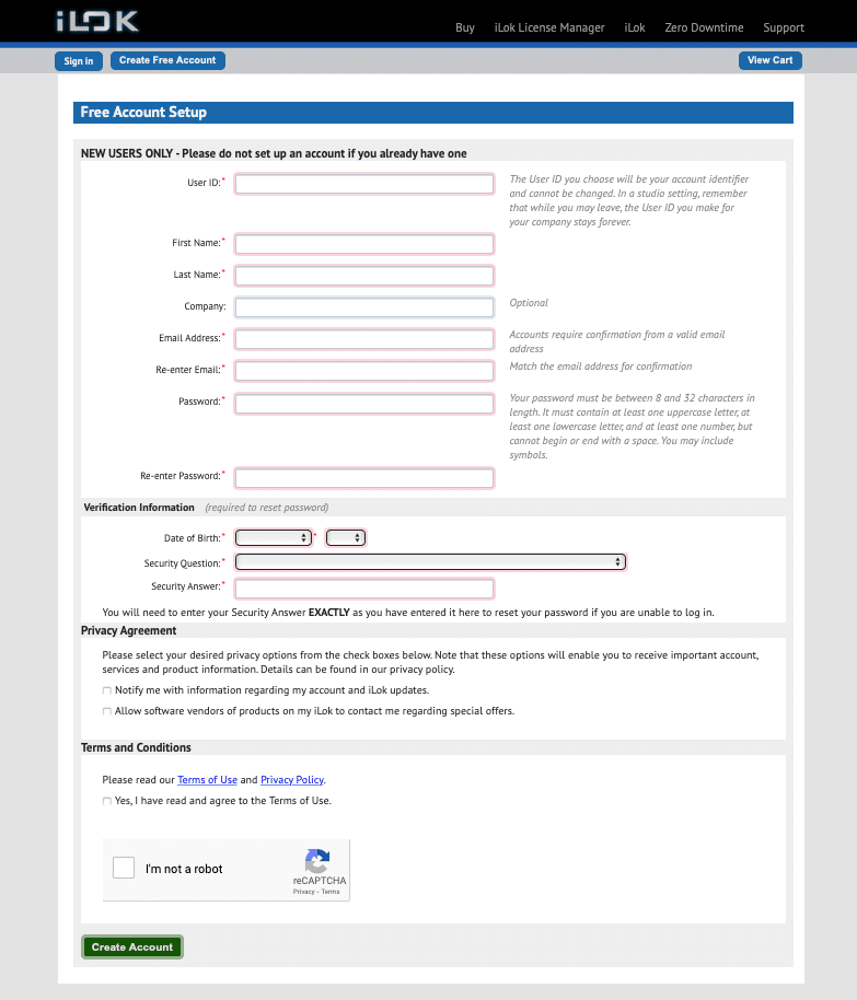 Screenshot of the iLok Free Account Setup fields.