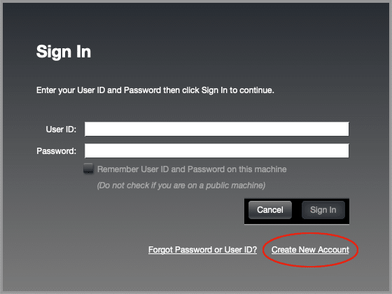 iLok Sign In User Screen with red circle around "Create New Account" link
