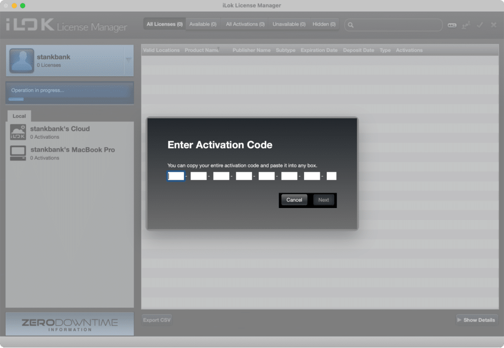 Screenshot of iLok License Manager app Enter Activation Code field.