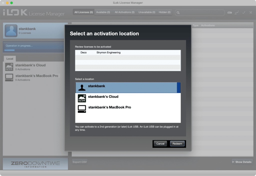 Screenshot of iLok License Manager app displaying activation location options.