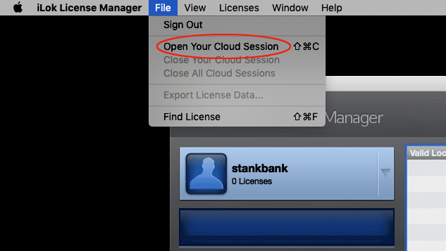 Screenshot of iLok License Manager File menu with red circle around "Open Your Cloud Session."