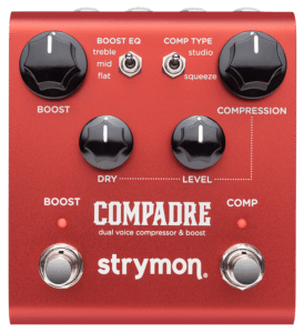 Compadre dual voice compressor & boost pedal top down view with transparent background