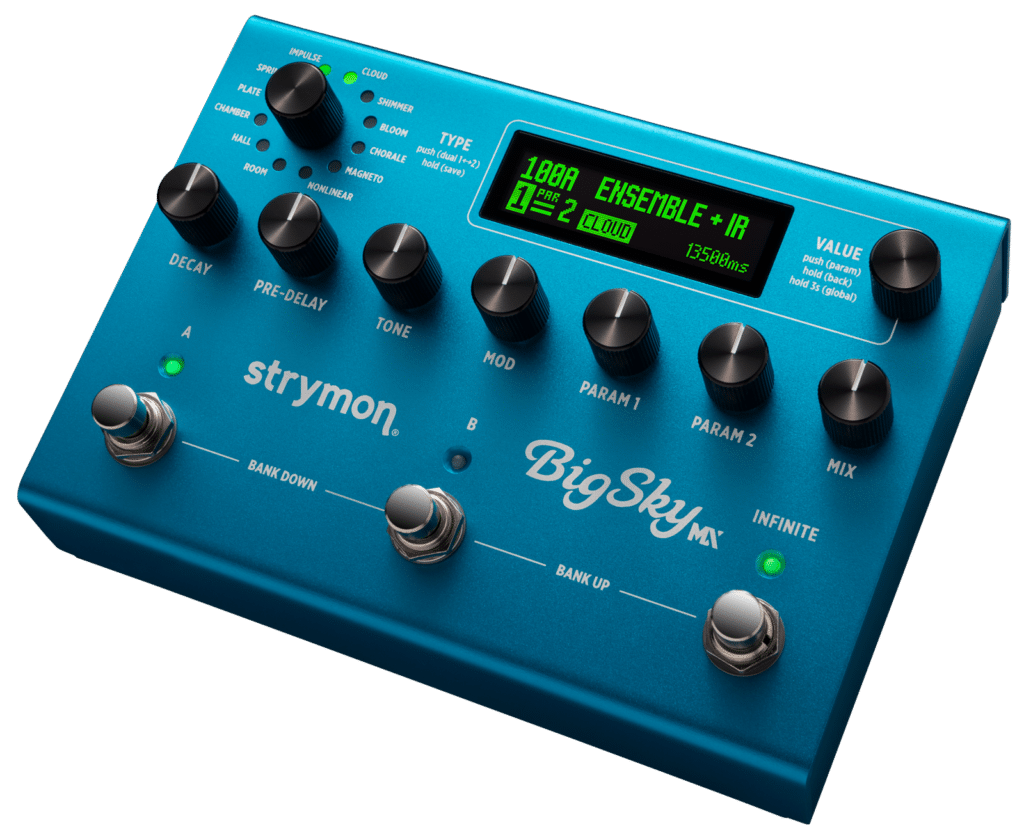 Strymon BigSky MX reverb pedal. A blue guitar pedal with 9 black knobs, an OLED display screen, and three footswitches.
