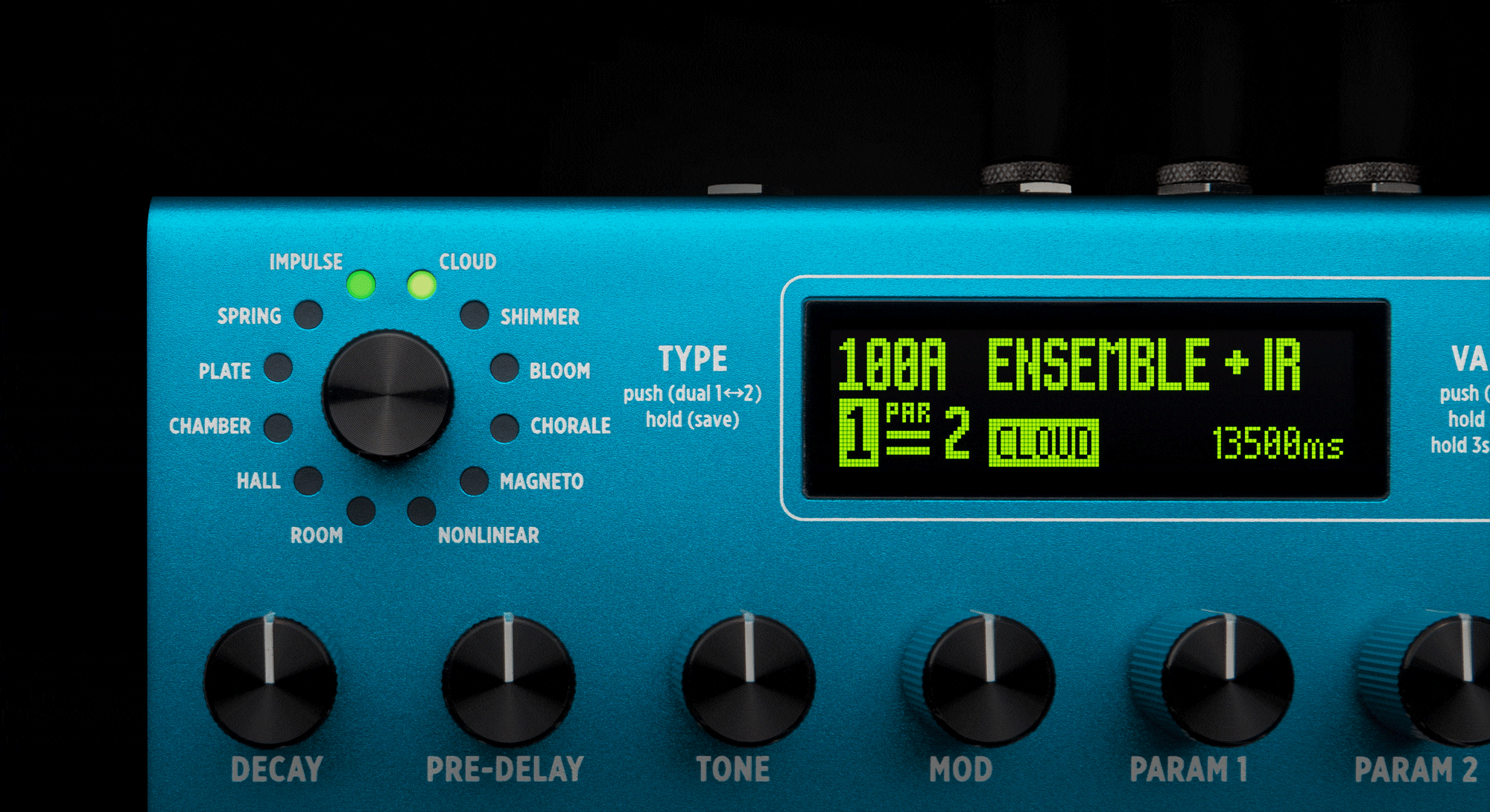 A GIF of BigSky MX's display screen cycling through various dual reverb presets.